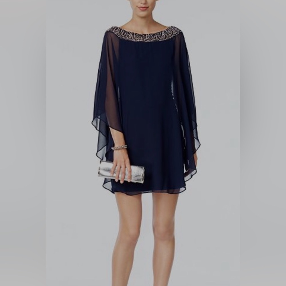 Embellished Chiffon Cape Overlay Dress with Sparkle Accents